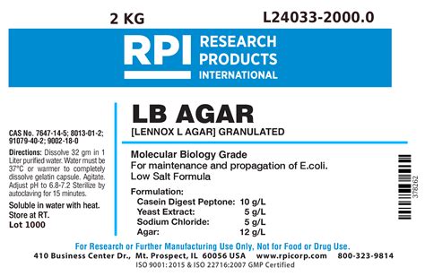 L24033 20000 Lb Agar Low Salt Formula Granulated Lennox L Agar
