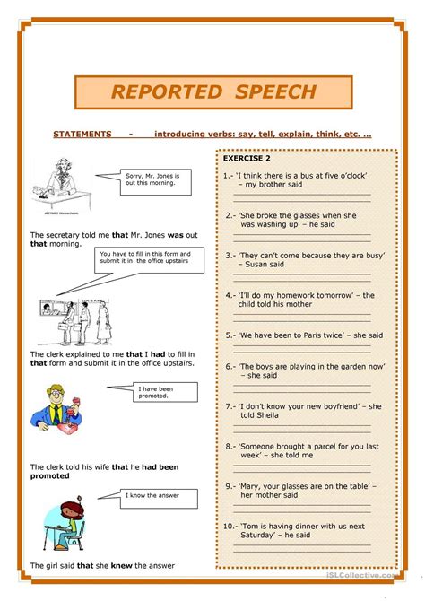 Reported Speech Direct And Indirect Speech English Grammar Worksheets