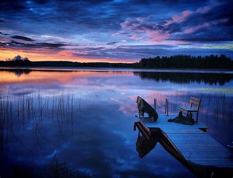 Cottage Night Blue Bench Night Sky Pink Sky Dock Lake Shoreline