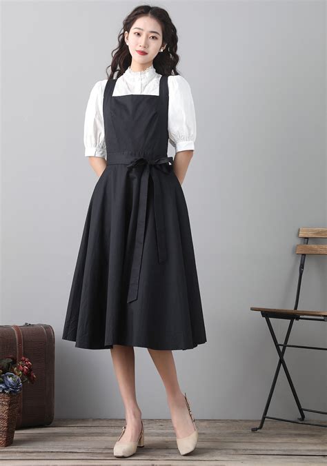 Black Pinafore Dress Suspender Dress Midi Dress For Women Etsy Uk