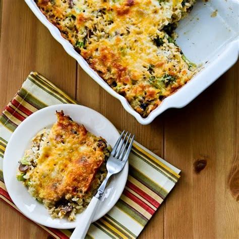 Cheesy Vegetarian Brown Rice Casserole With Broccoli And Mushrooms On A