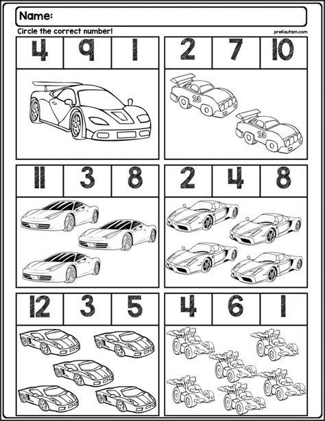 Cars Matching Numbers To Quantities Worksheet