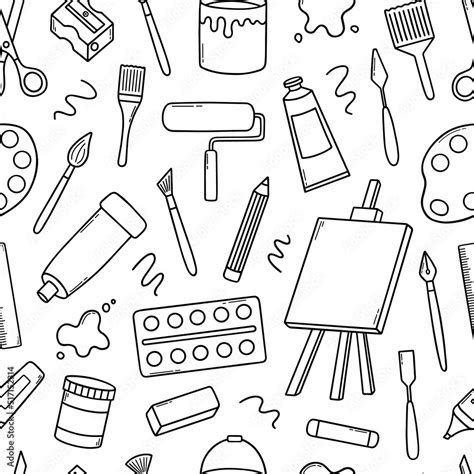 Hand Drawn Seamless Pattern Of Artist Tools Doodle Art Supplies In