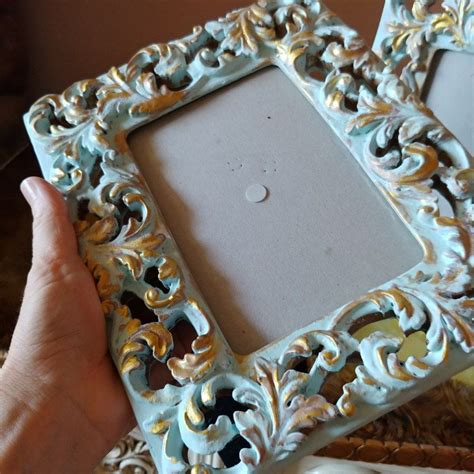 2 Vintage Shabby Chic Ornate Gold Leafy Frames Robin Egg Blue Etsy