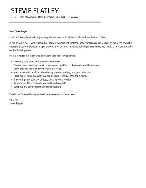 Front Office Administrator Cover Letter Velvet Jobs