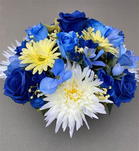 Pot For Memorial Vase With Artificial Blue Roses And White