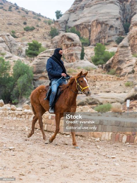 Beduinen Reiten Ein Arabisches Pferd Entlang Der Straße Von Petra Die