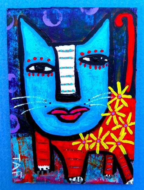 Tracey Ann Finley Original Outsider Raw Folk Aceo Painting Blue Red Cat