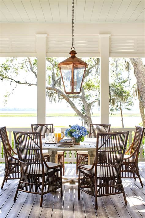 Round Outdoor Dining Table Porch Hydrangea Bouquet In Vase Copper