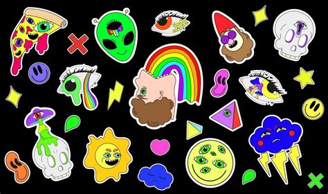 A Set Of Psychedelic Stickers A Rainbow An Illustration Of A Man