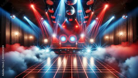 Empty Night Club Stage Illuminated With Red And Blue Spotlights Retro