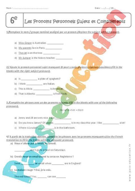 Pronoms Personnels Sujets et Compléments 6ème Exercices Pass Hot Sex