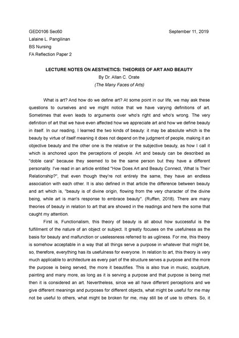 Essay 2 Reflection About Different Theories In Beauty And Art