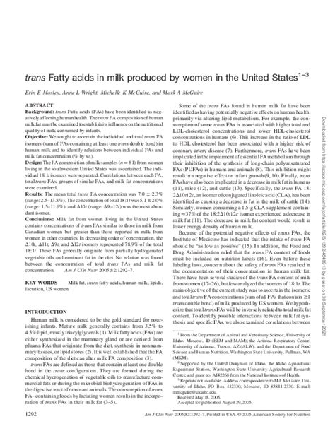 Pdf Trans Fatty Acids In Milk Produced By Women In The United States