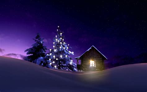 1440x900 Christmas Lighted Tree Outside Winter Cabin 1440x900 Wallpaper