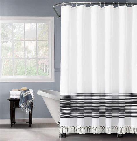 Felisa Black And White Stripe Shower Curtain With Double Knot Fringefarmhouse Boho