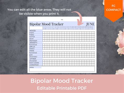 Editable Bipolar Mood Tracker Mental Health Tracker Anxiety Tracker