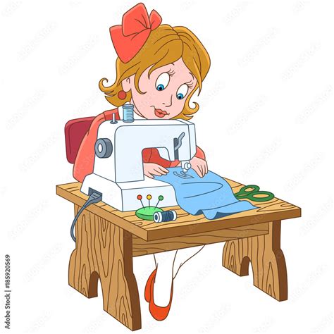 Kids In Professions Cartoon Seamstress Tailor Working On Electric
