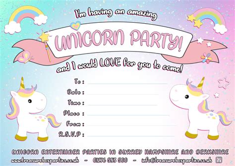 Unicorn Party Invitation Childrens Entertainer Parties Surrey