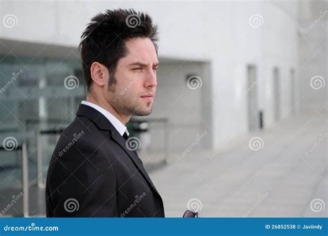 Attractive Young Businessman Stock Photo Image Of Grey Copyspace