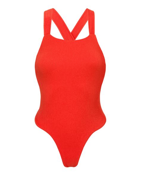 Red Ribbed High Leg One Piece Swimsuit Crossed Back Cotele Tomate