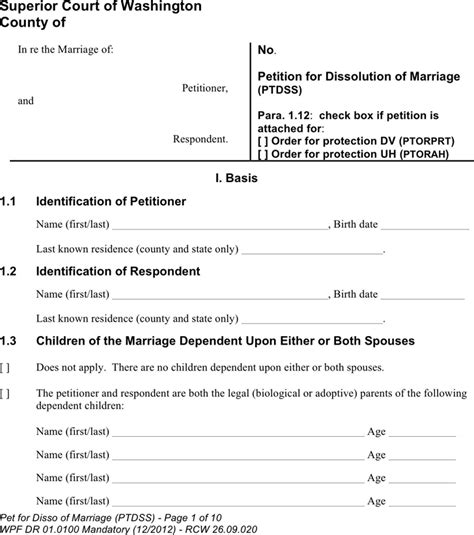 Free Washington Petition For Dissolution Of Marriage Doc 119kb 10