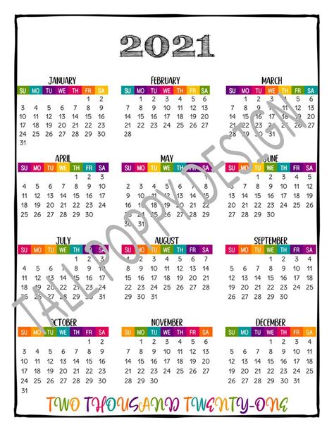 2021 Printable At A Glance 2021 Wall Calendar Big And Classic Etsy