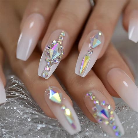 Luxury Custom Large Rhinestones Ombre Coffin Press On Nails In 2020