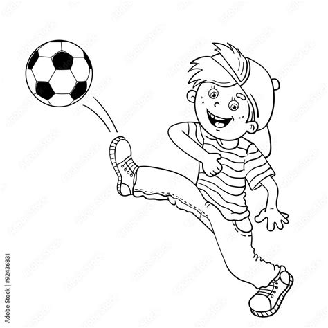 Coloring Page Outline Of A Boy Kicking A Soccer Ball Stock Vector