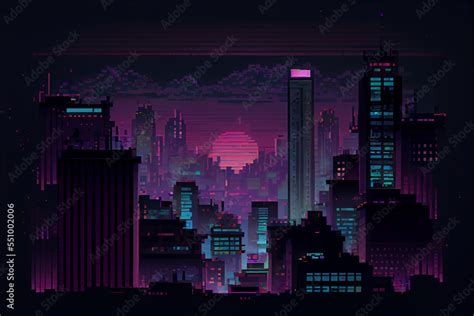 Pixel Art Of A Cyberpunk City At Night 8 Bit Art Stock Illustration