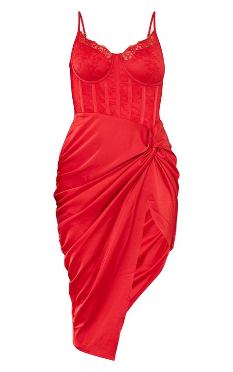 Red Strappy Lace Insert Satin Gathered Midi Dress Prettylittlething Aus