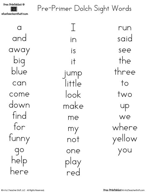 Sight Words Dolch Printable Words Print