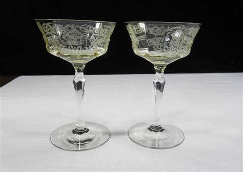 2 Pc Tiffin Franciscan 200 1 Etched Champagne Coupe Tall Sherbet Set
