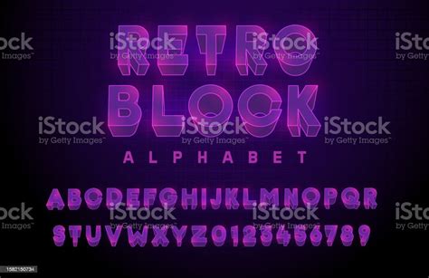 Retro Block Premium Alphabet In Purple Violet Colors Vector 3d Neon Font Text Elements Based On