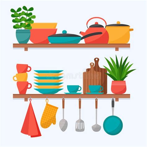 Kitchen Shelves With Cooking Tools Set Of Kitchen Utensils Vector