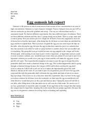 This lab will use a raw egg as a model for a living cell. osmosis egg lab report .pdf - Alex lind Mr Julius 10\/19 Bio Egg osmosis lab report Osmosis is ...