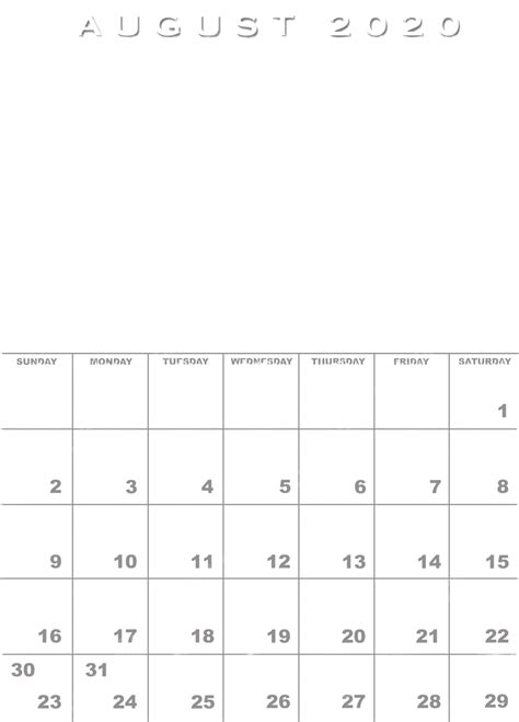 August 2020 Calendar Template Calendar White Background Numbers Png