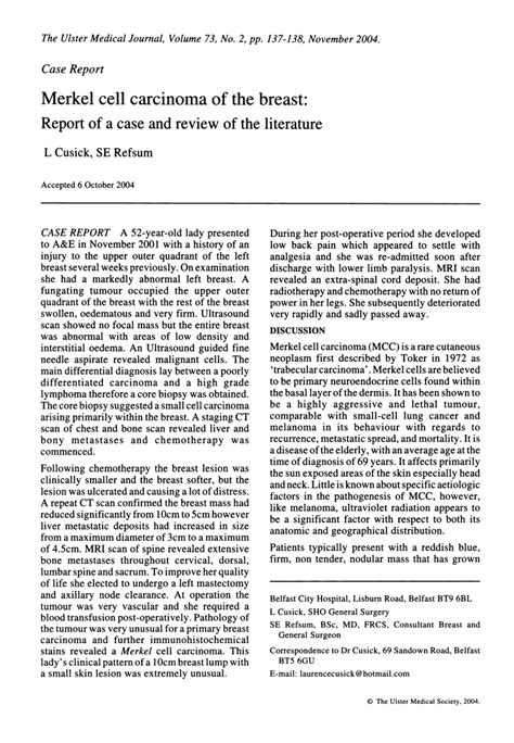 Pdf Merkel Cell Carcinoma Of The Breast Report Of A Case And Review