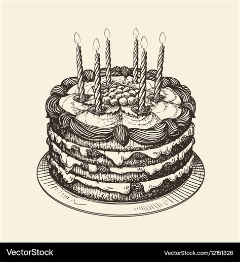 Happy Birthday Cake With Burning Candles Sketch Vector Image