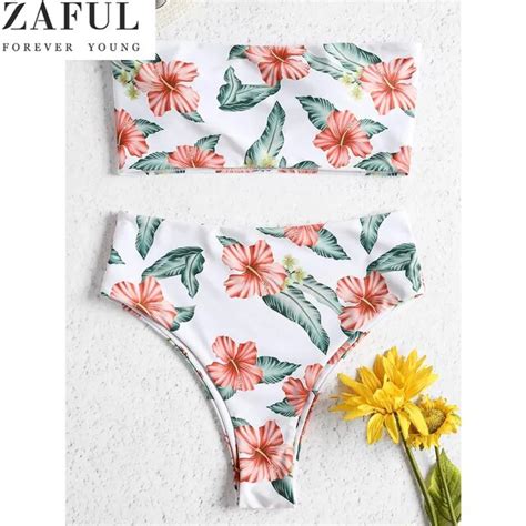 Zaful Female Floral High Waisted Bandeau Bikini Set Sexy Women Swimwear