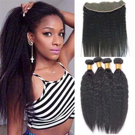 Kinky Straight Lace Frontal Closure With Bundles Brazilian Kinky