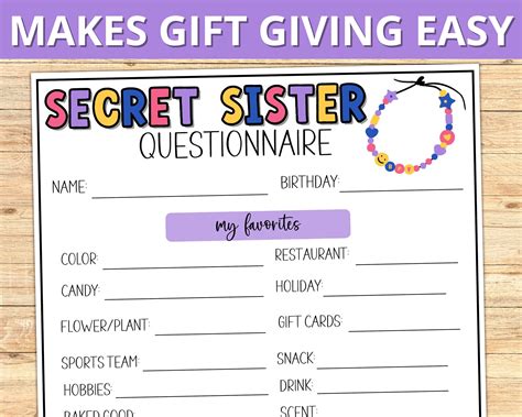Secret Sister Questionnaire, Secret Sister Printable Survey, Gift