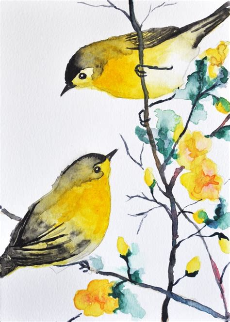 Original Watercolor Bird Painting 2 Warblers Romantic