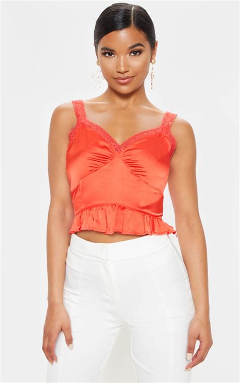 Red Lace Trim Ruffle Satin Crop Top Tops Prettylittlething Ie