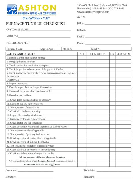 Ashton Service Group Furnace Tune Up Checklist Fill And Sign