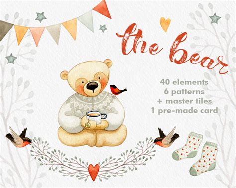 Teddy Bear clipart, Baby clipart, winter clipart, birds clipart, hearts clipart, card template 