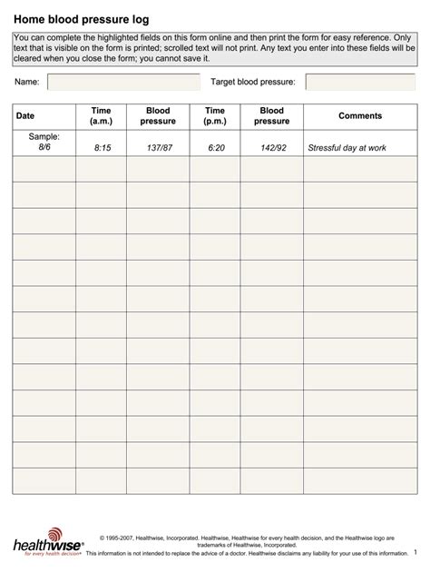 Blood Pressure Log Sheet Form Fill Out And Sign Printable Pdf