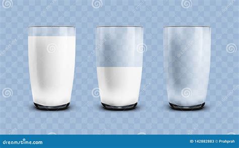 Realistic Empty Half And Full Of Milk Transparent Glasses Stock