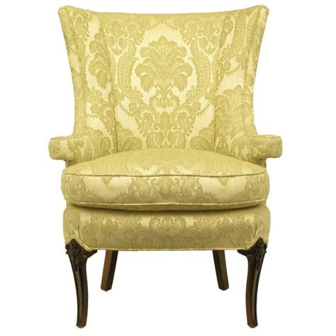 Uncommon 1940s Wingback Chair In Silk And Linen Damask Upholstery