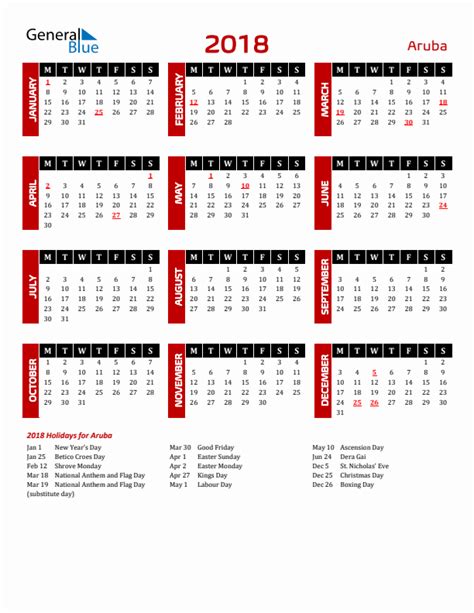 2018 Aruba Calendar With Holidays